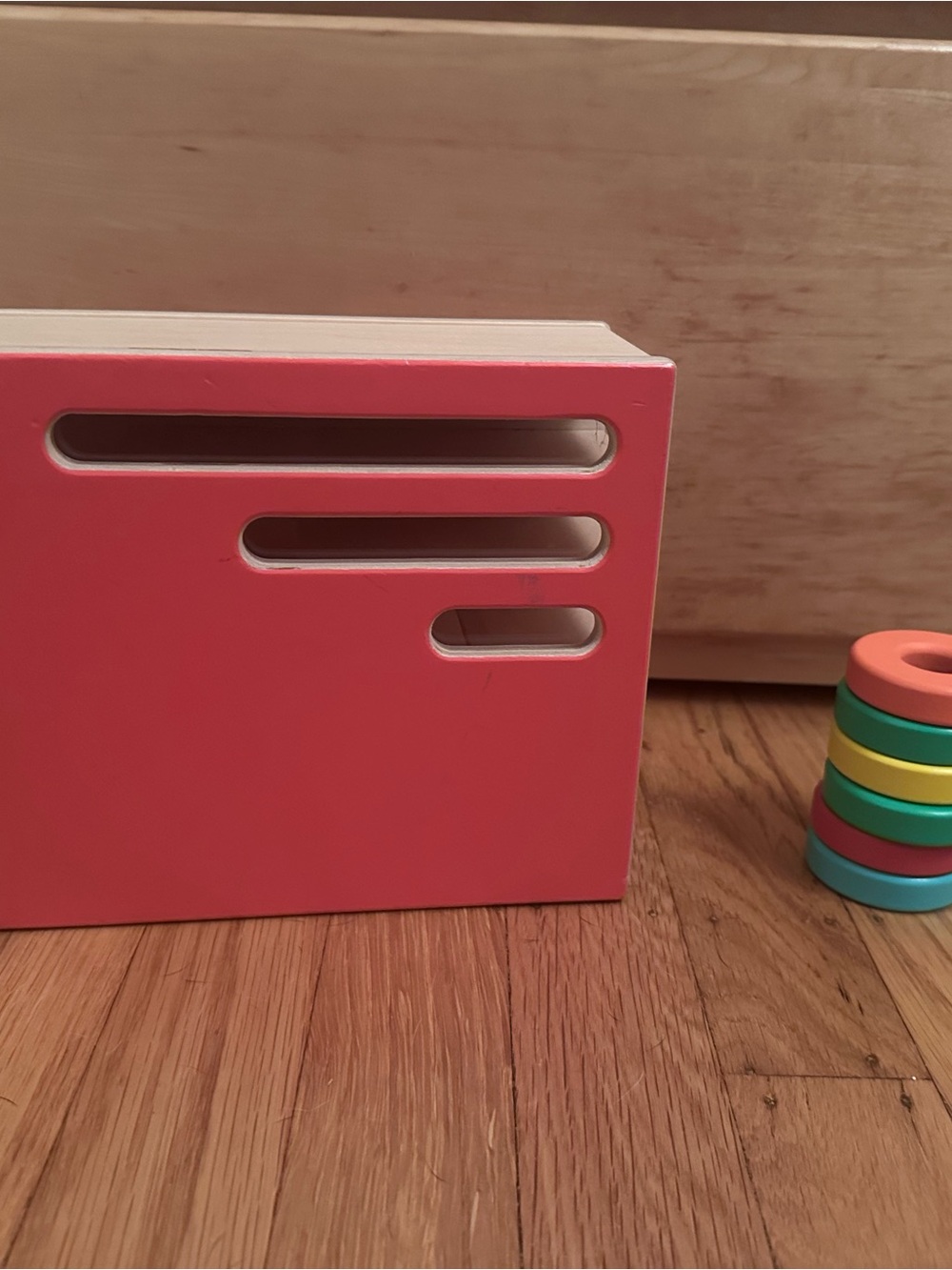 Coral Pink Wooden Learning Box with Slot Handles for Kids